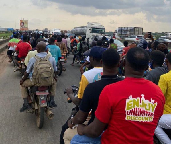 Commercial motorcyclists popularly known as Okadas, driving against traffic have taken over parts of the Long Bridge along Lagos-Ibadan Expressway....