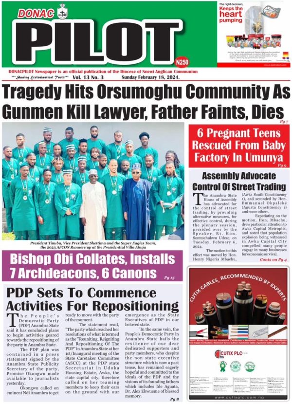 FRONT-PAGE of DONAC PILOT NEWSPAPER, Volume 13, Number 3, February Edition, 2024. Call us on 08063855494  to get a physical or digital copy today.