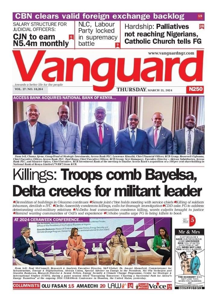 Vanguard Newspaper Frontpage Today.