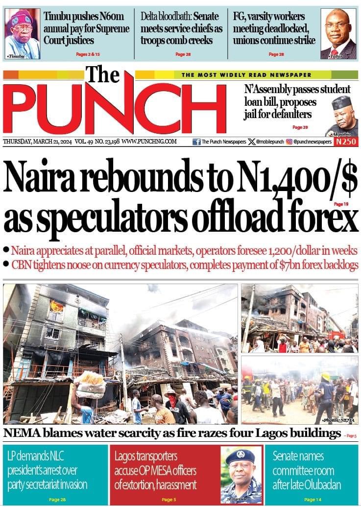 The Punch Newspaper Frontpage Today.