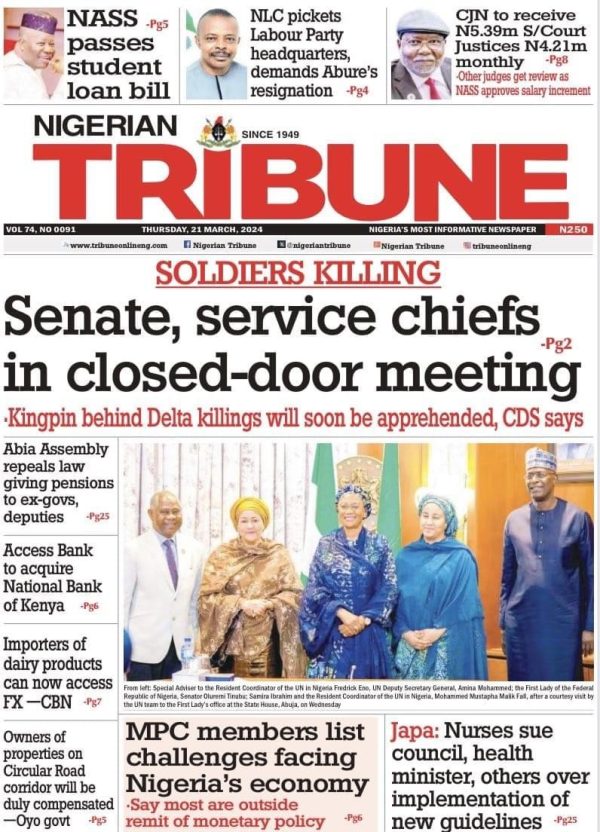 Nigerian Tribune Newspaper Front page Today.