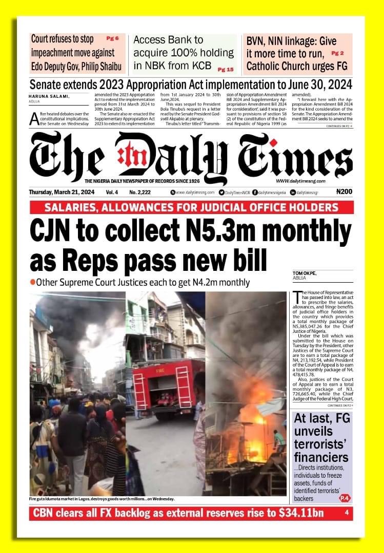 The Daily Times Newspaper Front page Today.