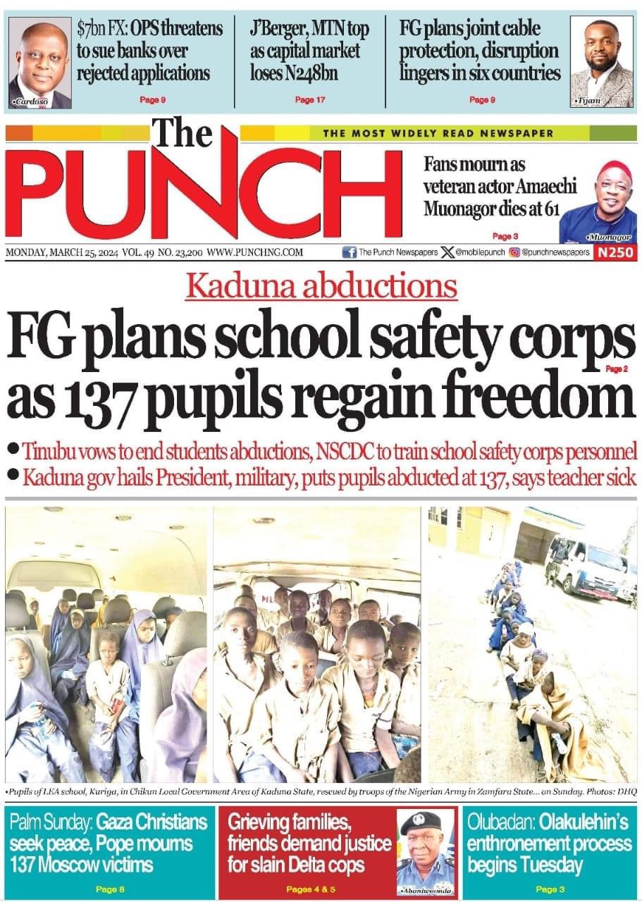 Punch Newspaper Front page Today.