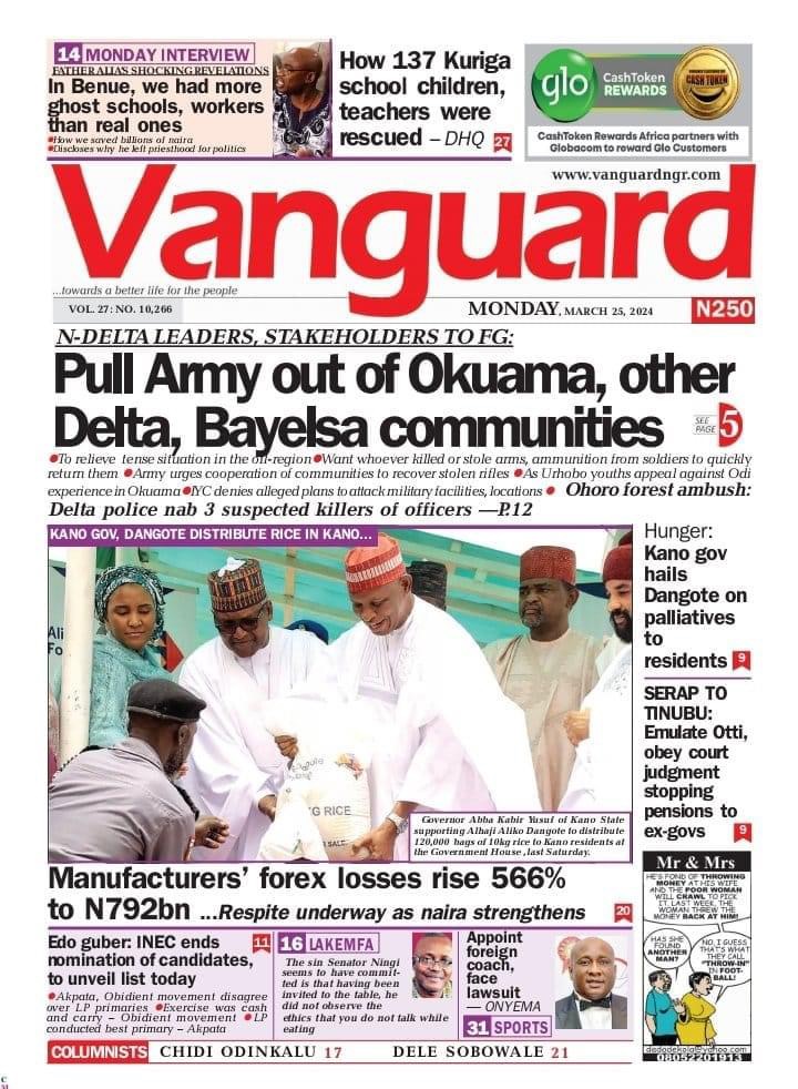 Vanguard Newspaper Front page Today.