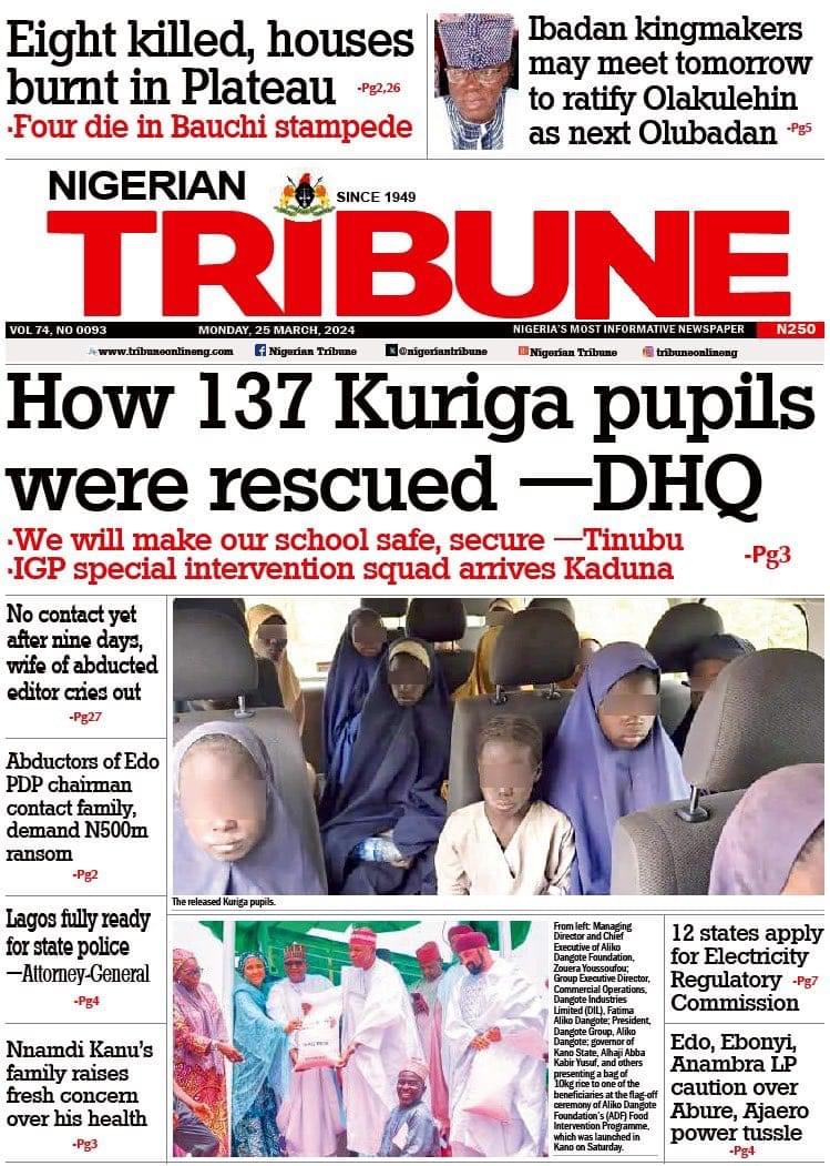 The Nigerian Tribune Newspaper Front page Today.