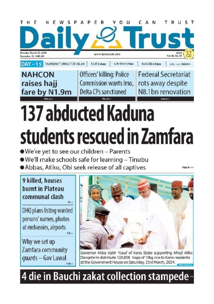 The Daily Trust Newspaper Front page Today.