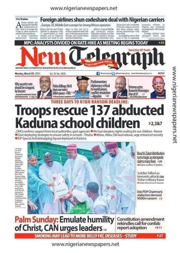 New Telegraph Newspaper Front page Today.