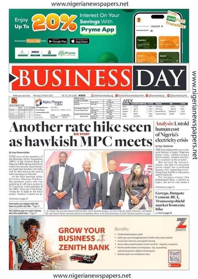 The Business Day Newspaper Front page Today.