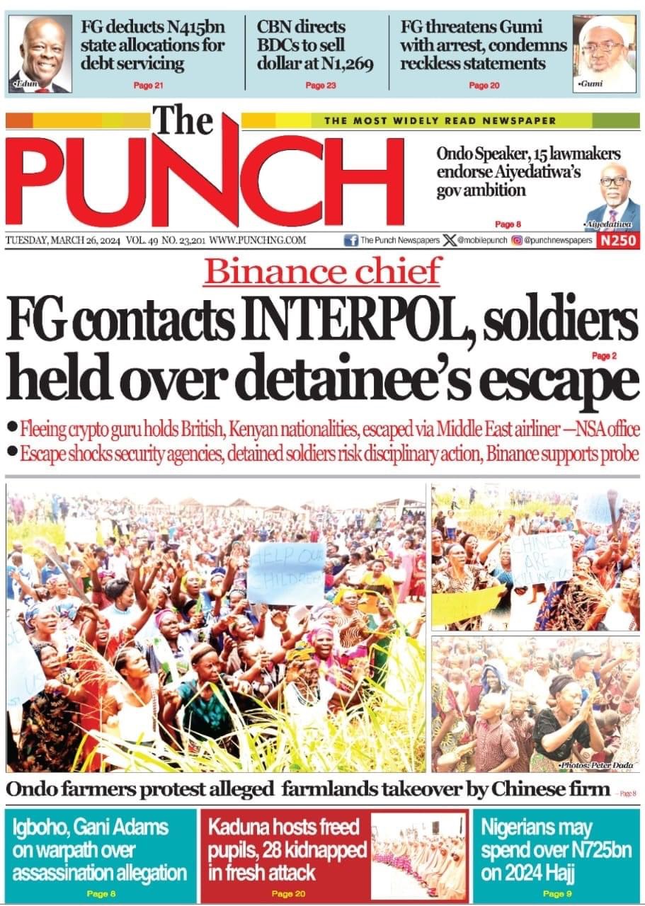 The Punch Newspaper Front page Today.