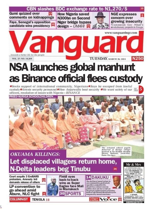 Vanguard Newspaper Front page Today.