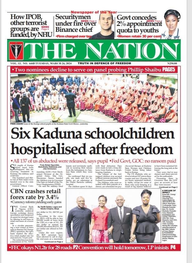 The Nation Newspaper Front page Today.
