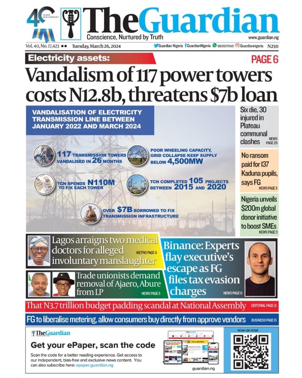 The Guardian Newspaper Front page Today.