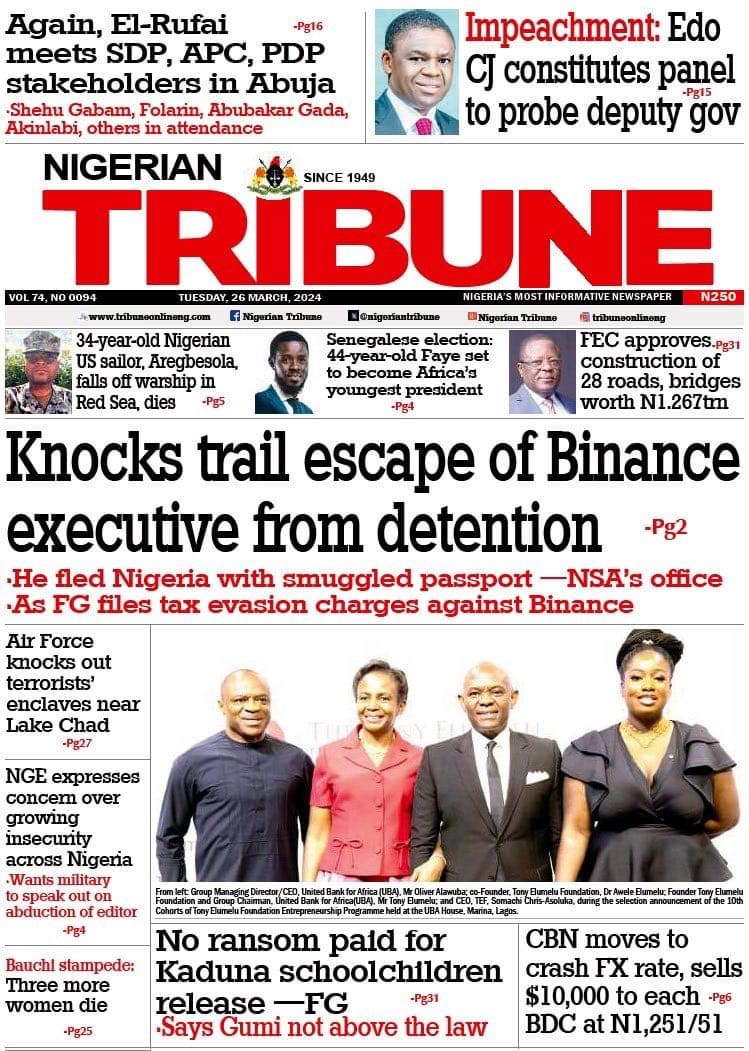 Nigerian Tribune Newspaper Front page Today.