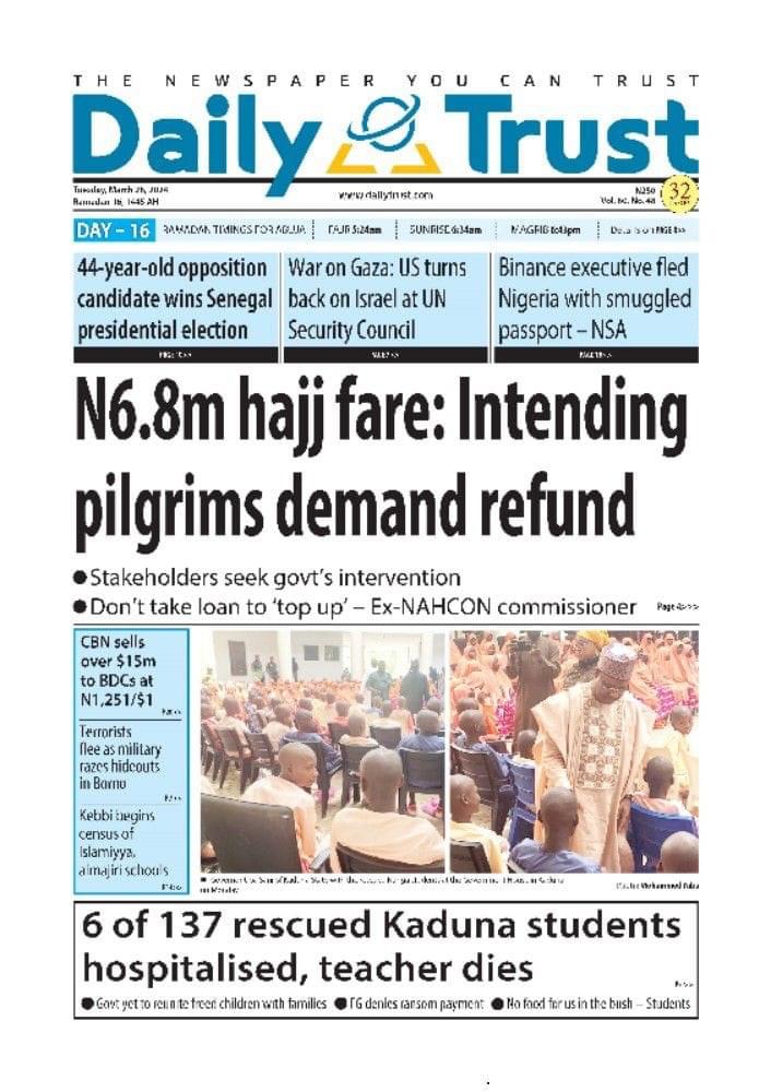 Daily Trust Newspaper Front page Today.