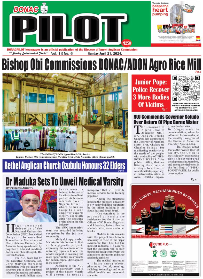 FRONT-PAGE OF DONAC PILOT NEWSPAPER, VOLUME 13, NUMBER 6, MARCH EDITION, 2024. CALL US ON 08063855494 TO GET A PHYSICAL OR DIGITAL COPY COMING SOON.