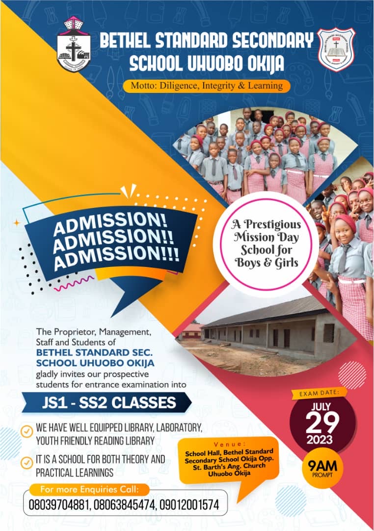 ADMISSION! ADMISSION!! ADMISSION!!! Come grab a form NOW at Bethel Standard Secondary School, Uhuobo, Okija, Anambra State.  Click on https://vicil...