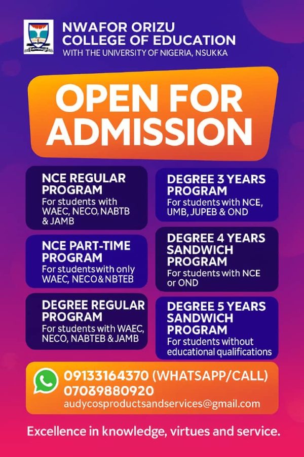 ADMISSIONS NOW OPEN  Nwafor Orizu College of Education, Nsugbe.  Affiliated with the University of Nigeria, Nsukka.  Are you ready to take the next…