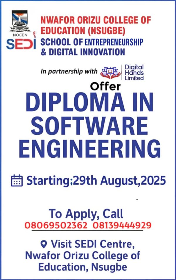 🚀 Start Your Tech Journey Now! 💻✨  Are you ready to become a Software Engineer? Nwafor Orizu College of Education (NSUGBE), through its School of E...